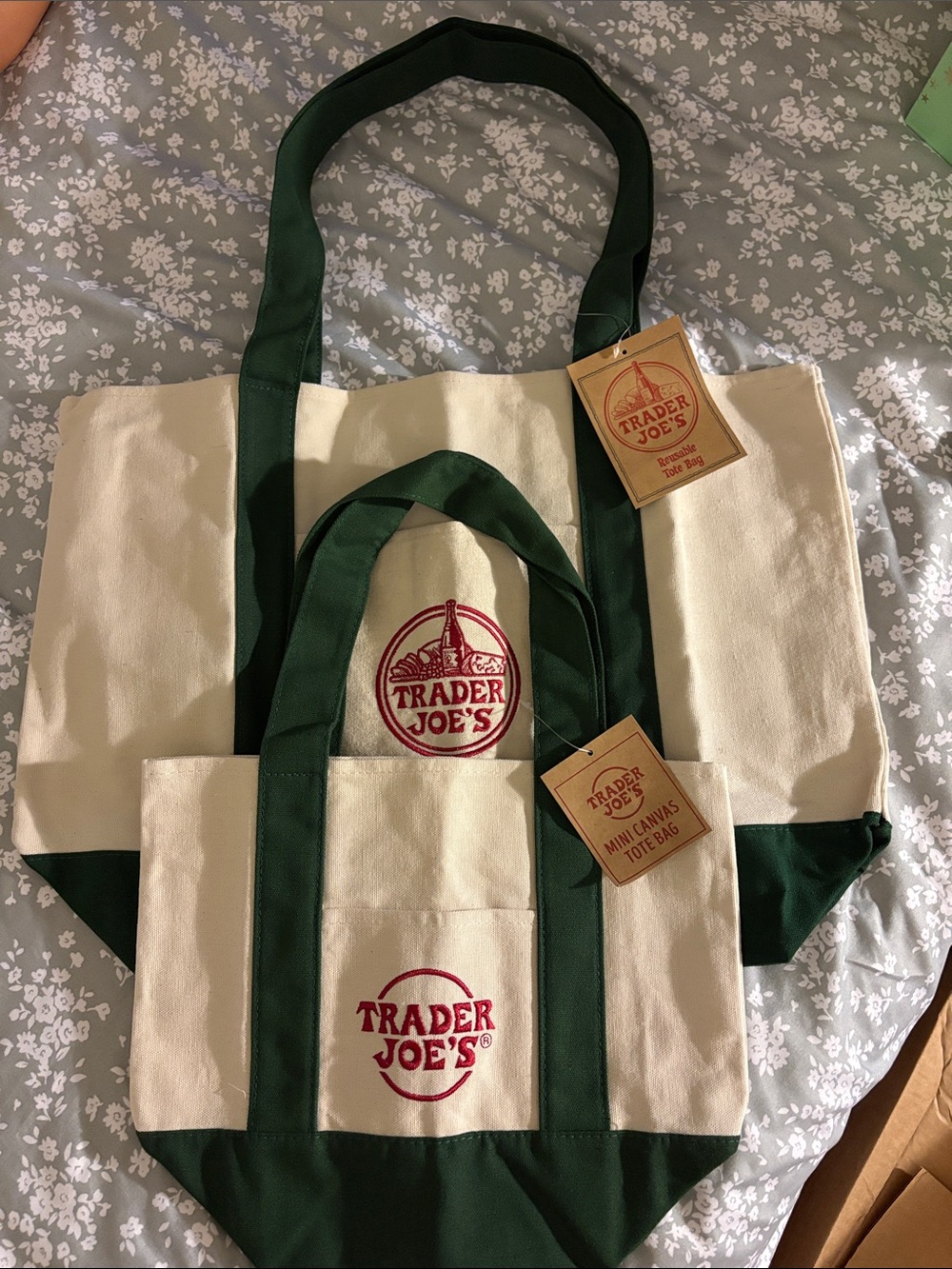 Trader Joe's Cream & Dark Green Canvas Tote Bag